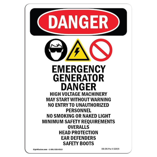 Safety Sign, OSHA Danger, 5" Height, Emergency Generator, Portrait, 10PK